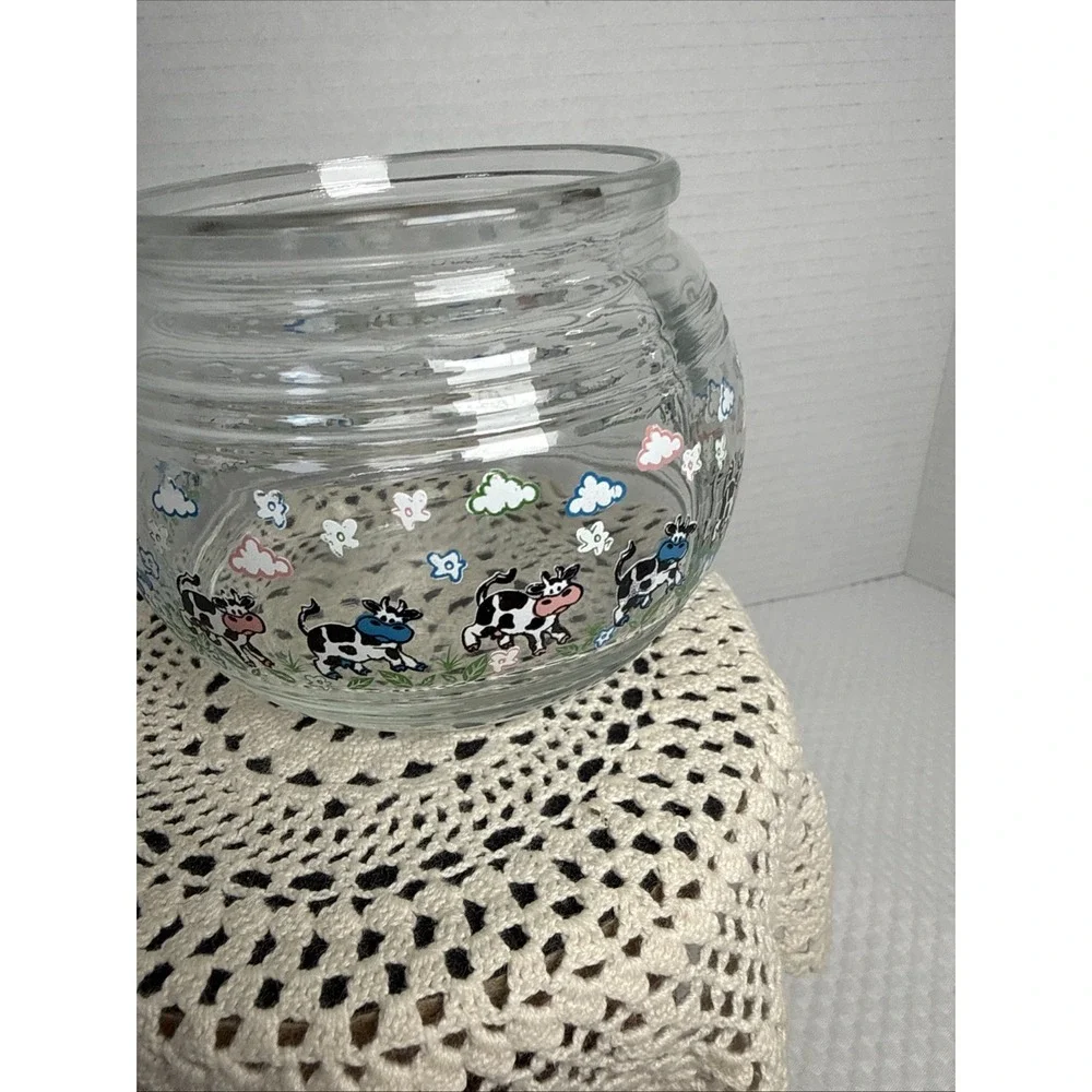 KIG Indonesia Vintage Glass Candy Jar Cannister Apothecary Lid Happy Cows. 5X5